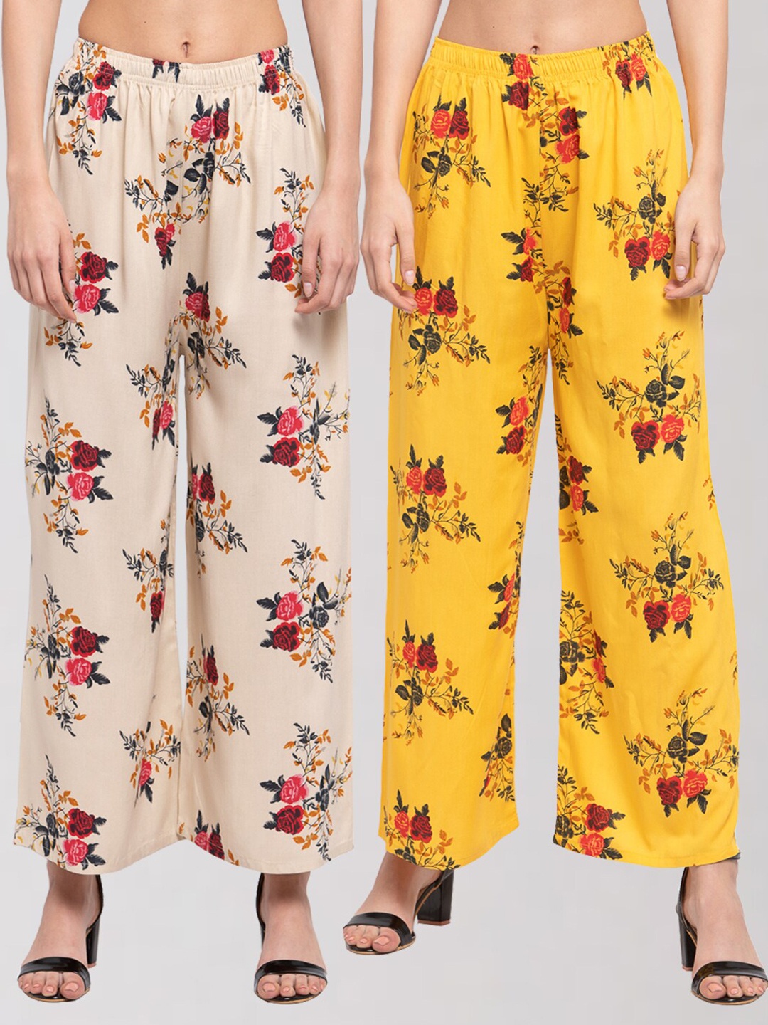

KLOTTHE Women Yellow & Peach-Coloured Pack of 2 Floral Printed Palazzos