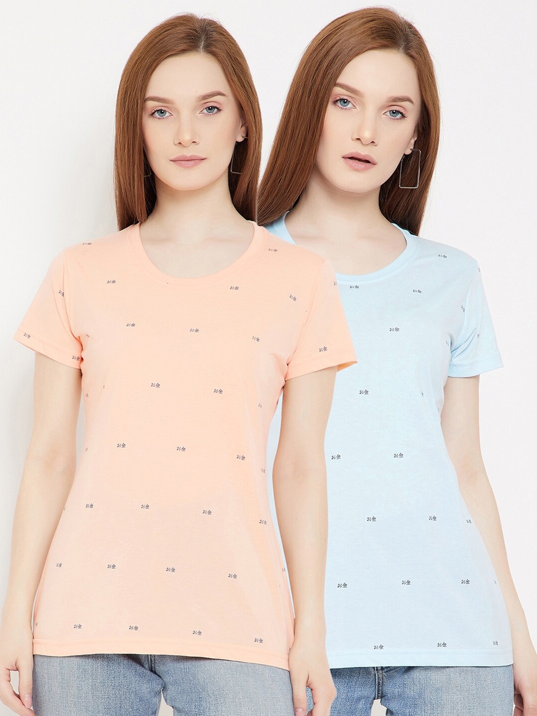 

Okane Women Pack of 2 Blue & Peach-Coloured Printed T-shirts