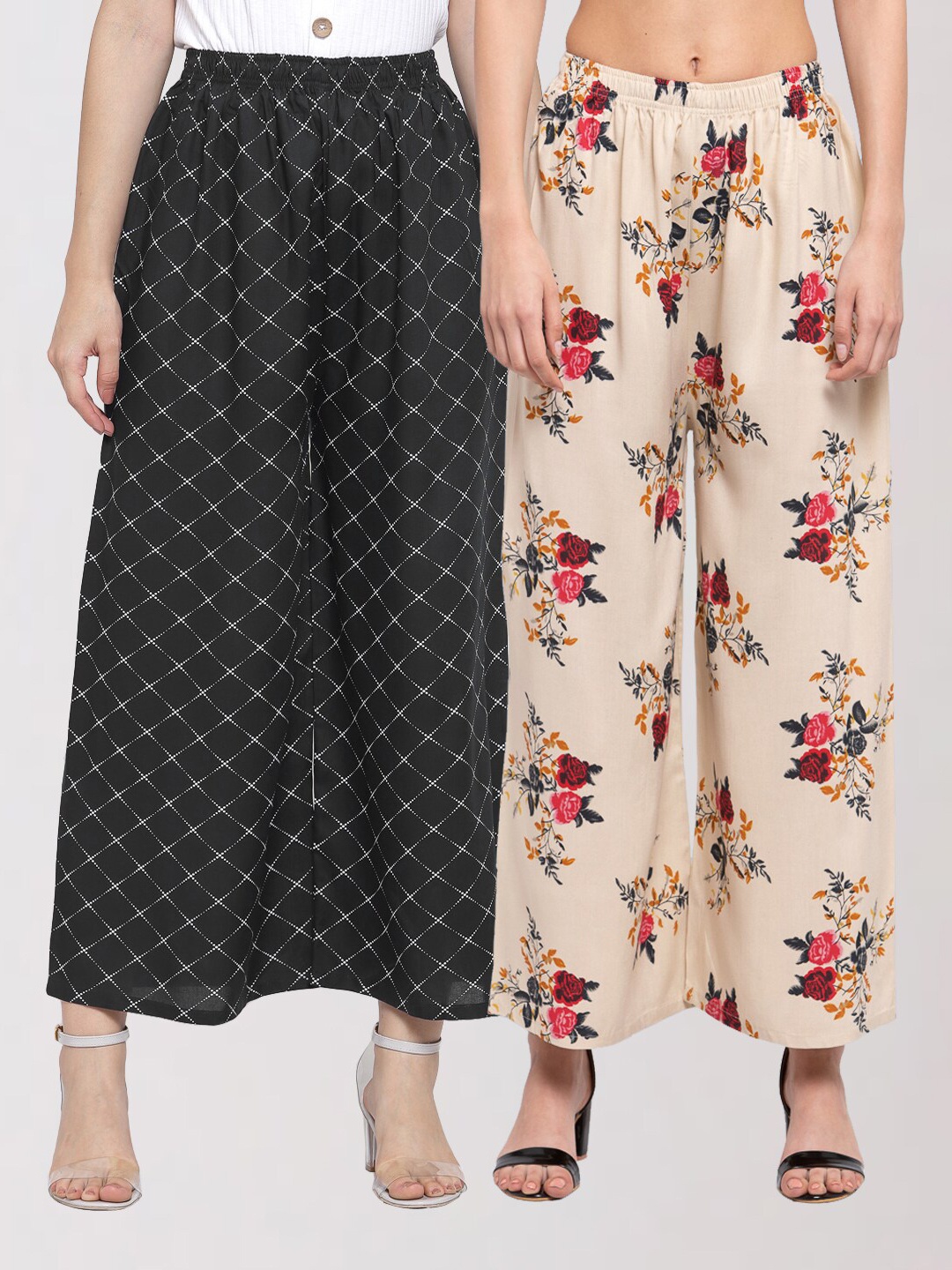 

KLOTTHE Women Black & Cream 2 Floral Printed Palazzos
