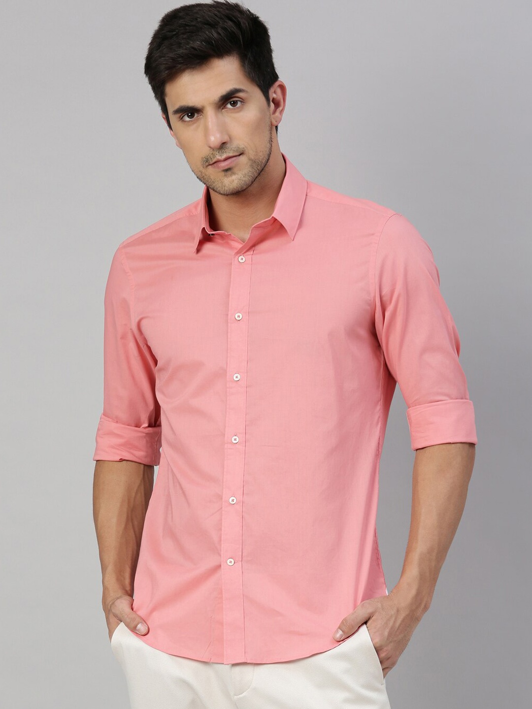 

RARE RABBIT Men Coral Regular Fit Solid Cotton Casual Shirt