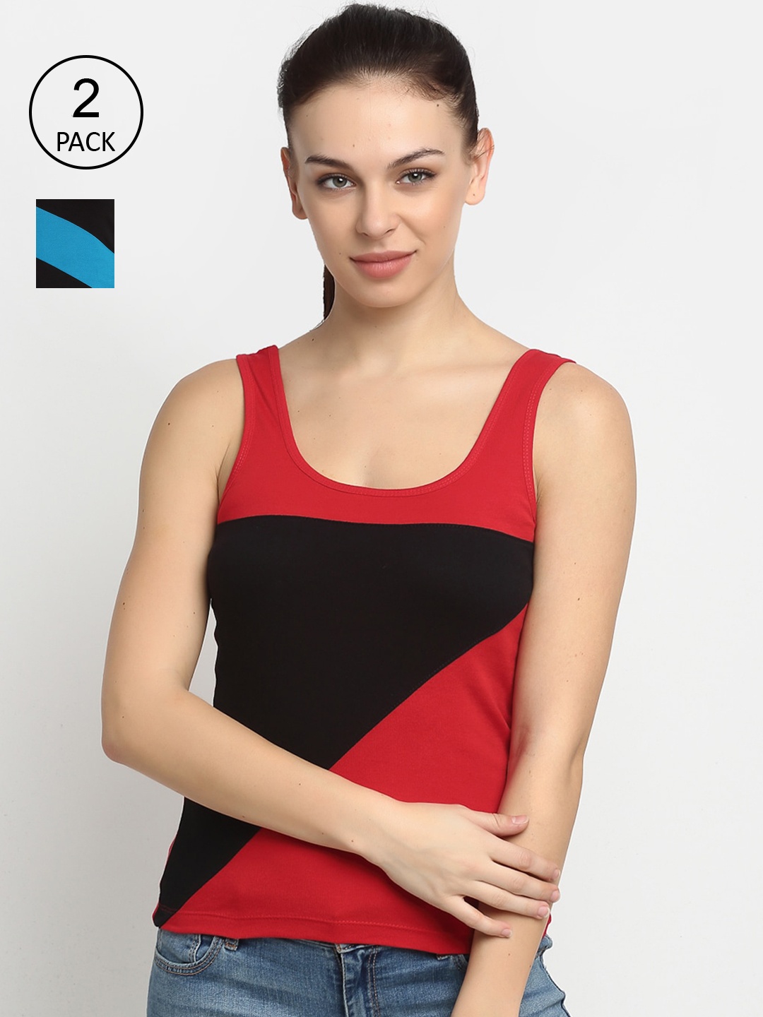 

Friskers Women Pack of 2 Black & Red Colourblocked Pure Cotton Tank Top