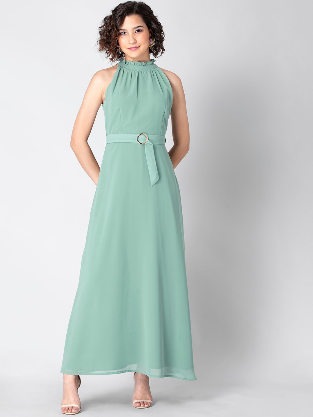 

FabAlley Pastel Green Solid Halter Belted Maxi Dress