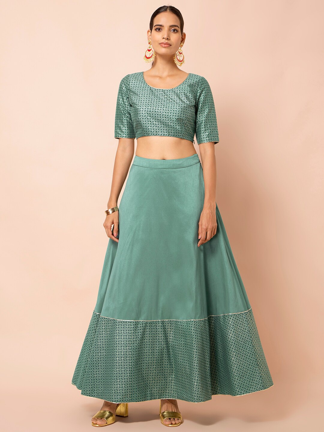 

INDYA Green Ready to Wear Mughal Foil Crop Top and Maxi Skirt Set
