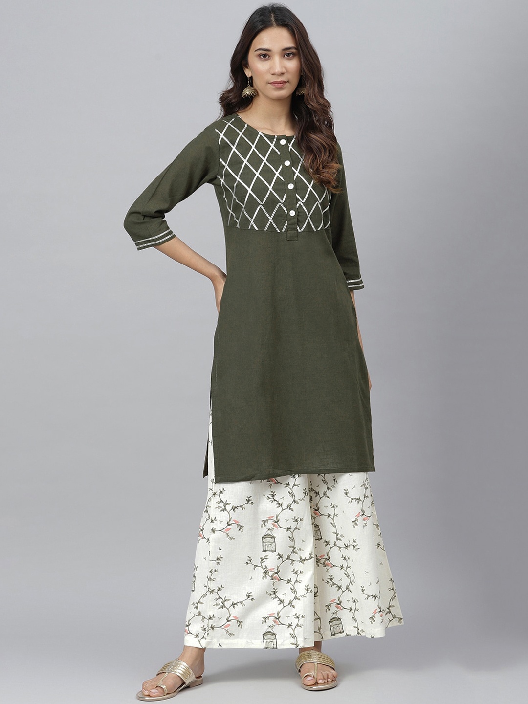 

JAIPUR ATTIRE Women Green Floral Yoke Design Pure Cotton Kurta with Palazzos