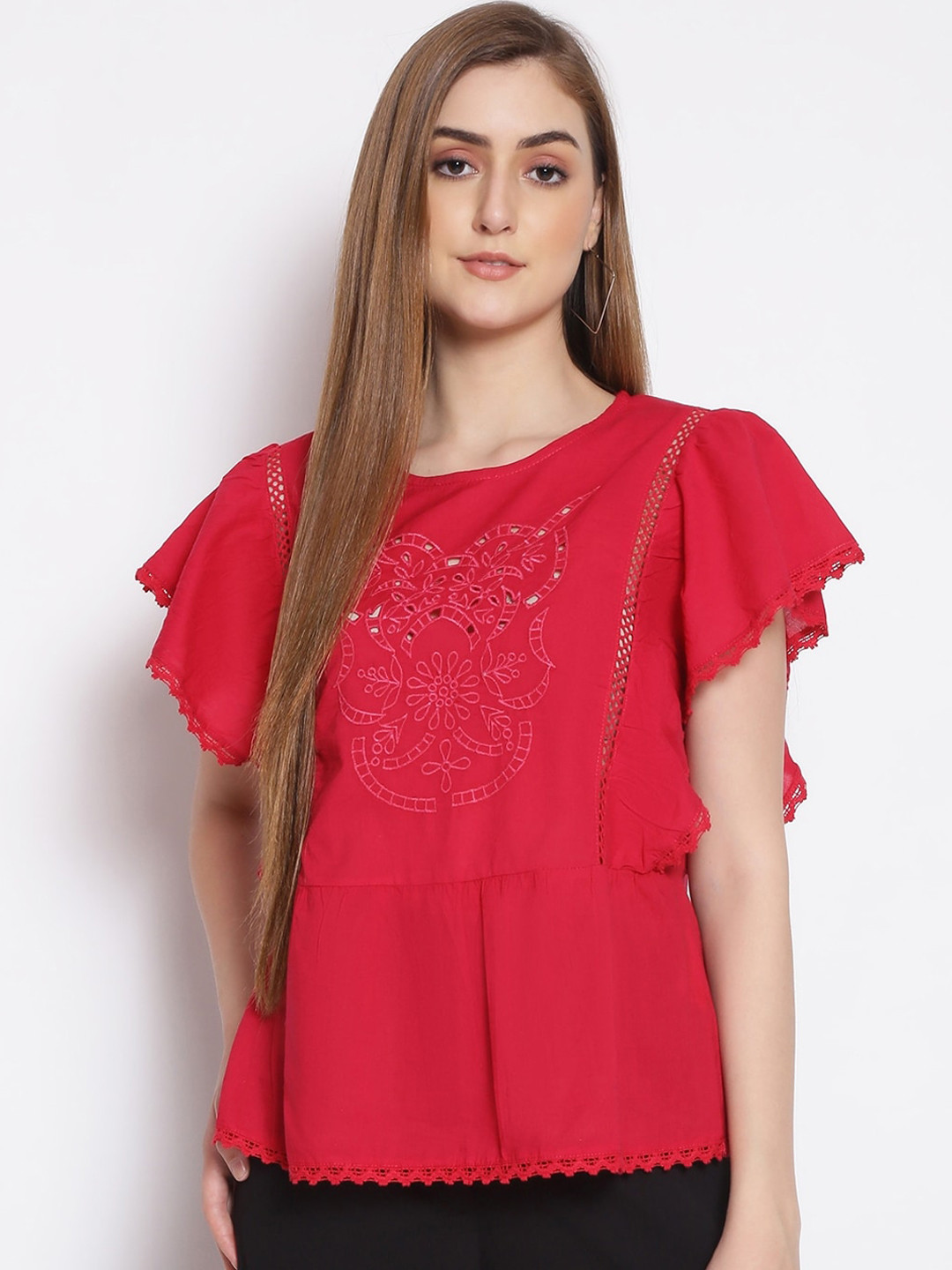 

Oxolloxo Red Geometric Embroidered Batwing Sleeve Regular Top