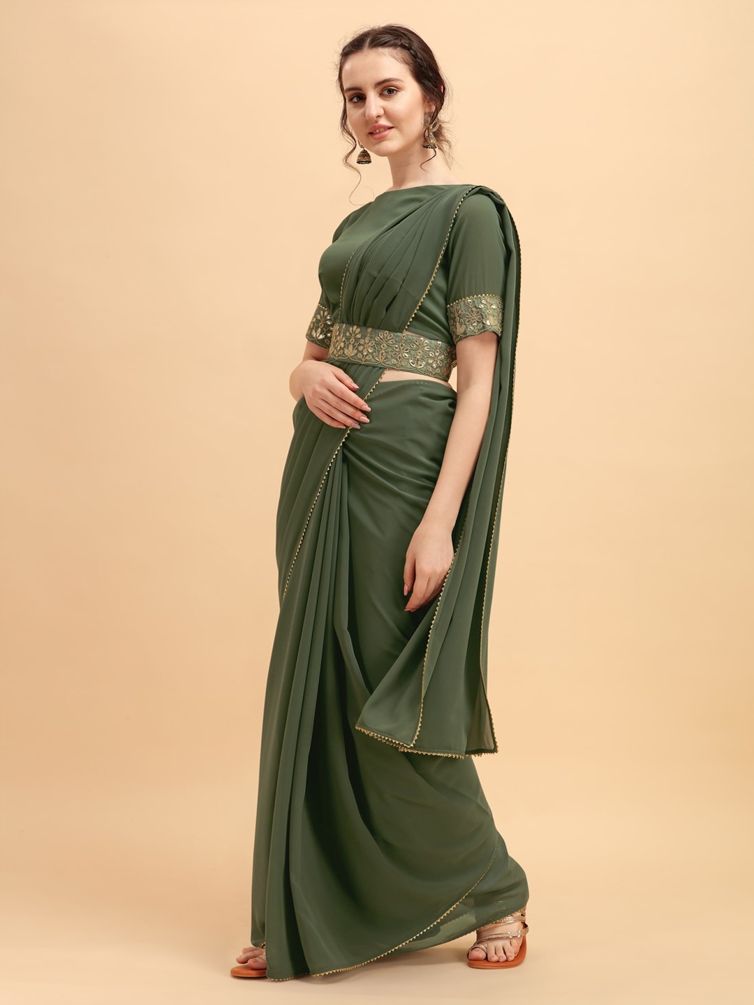 

Sangria Women Solid Georgette Saree with Embellished Belt, Olive