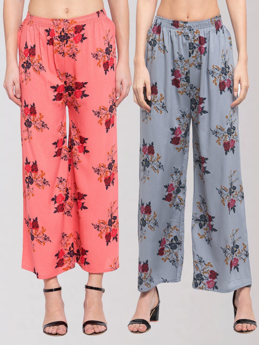 

KLOTTHE Women Peach & Blue 2 Floral Printed Cropped Palazzos