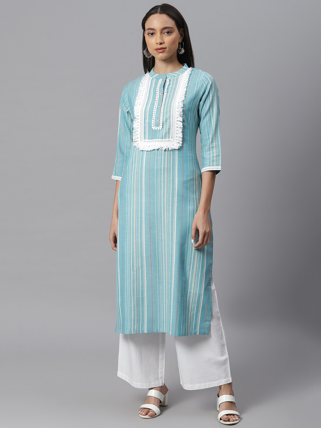 

Janasya Women Green Striped Straight Mandarin Collar Kurta with Palazzos