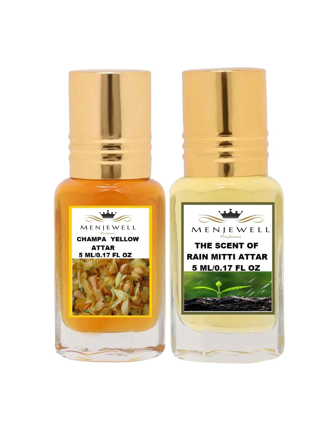 

Menjewell Set of 2 Champa Yellow & Rain Mitti Attar 10 ml, Transparent