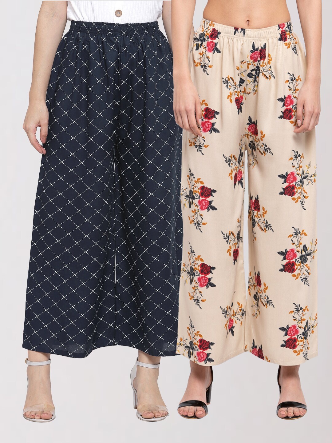 

KLOTTHE Pack of 2 Women Navy Blue & Cream-Coloured Printed Palazzos