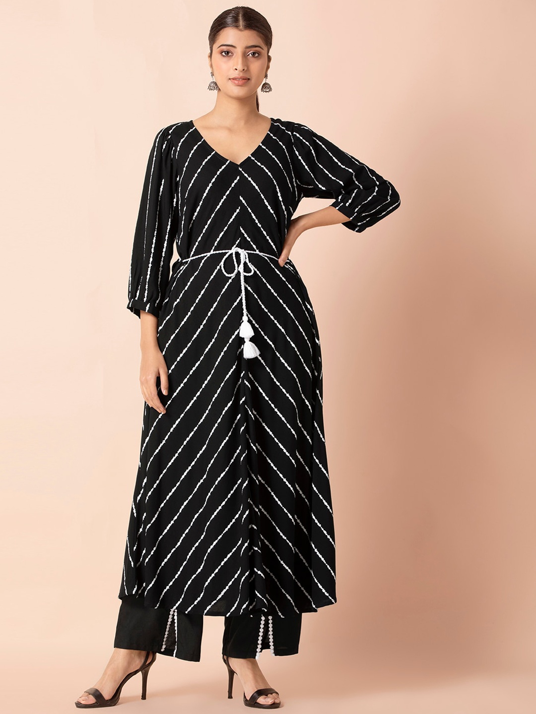 INDYA Women Black & White Striped Mitered A-Line Kurta