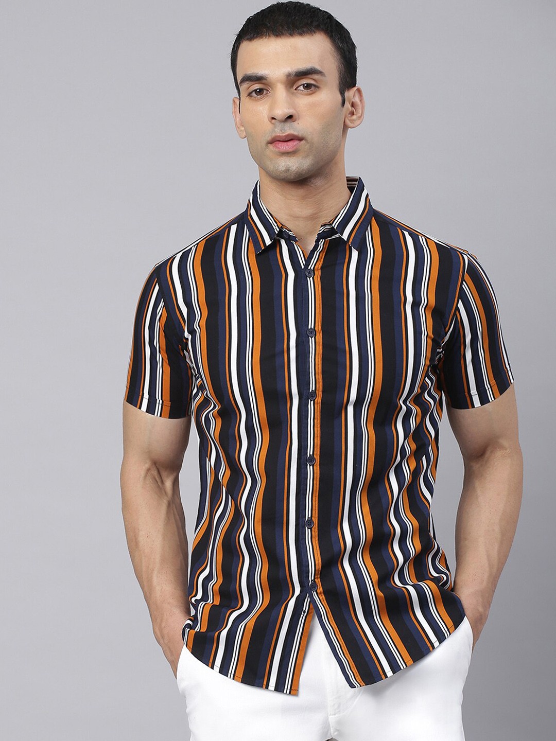 

Dennis Lingo Men Mustard & White Slim Fit Striped Pure Cotton Casual Shirt