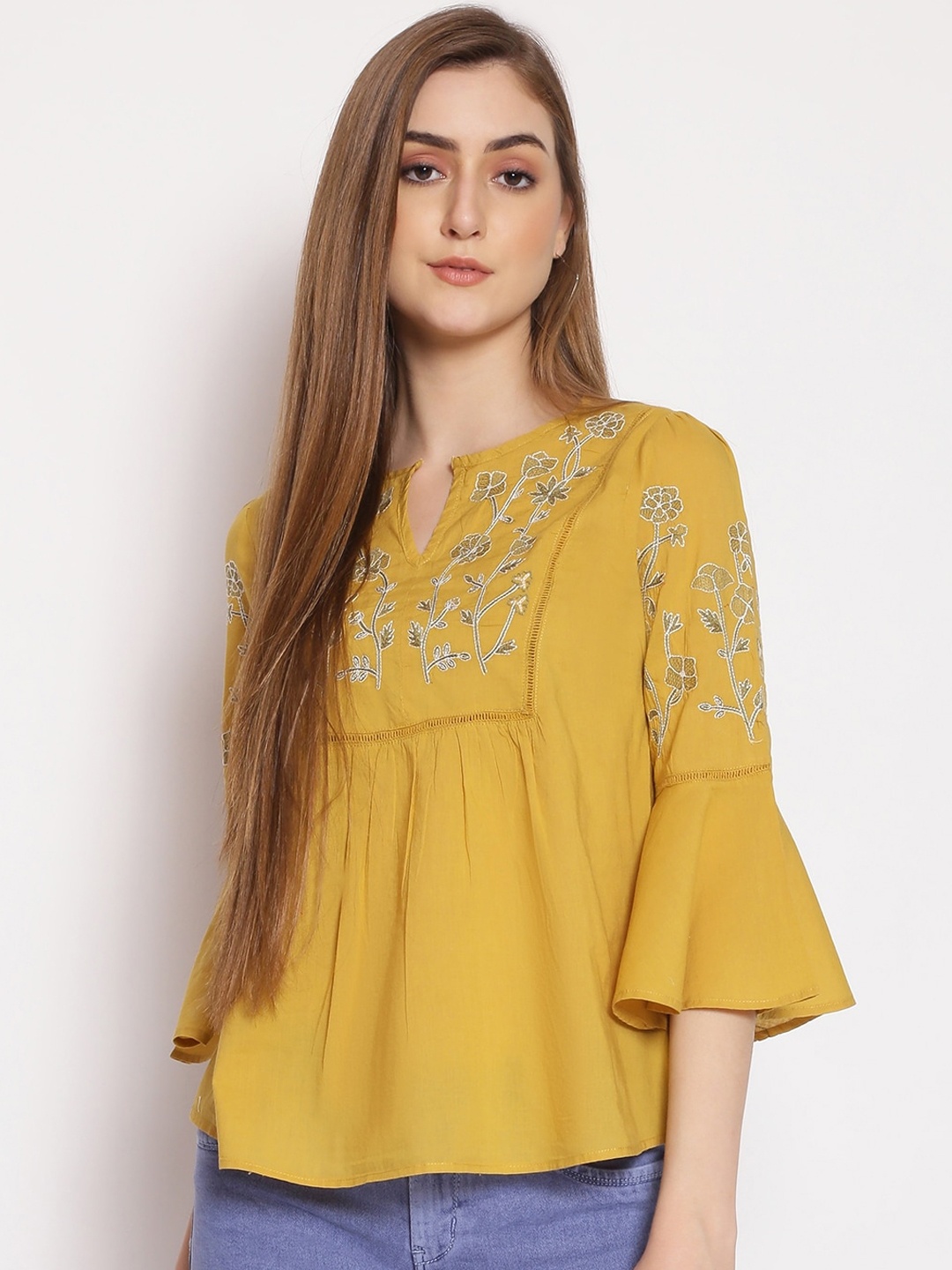 

Oxolloxo Mustard Yellow Floral Embroidered Bell Sleeve Cotton A-Line Top