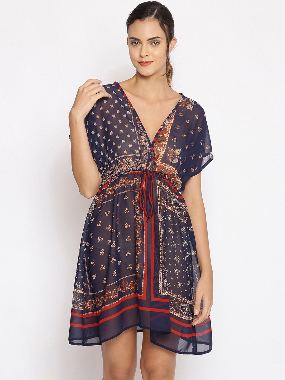 

Oxolloxo Women Navy Blue & Brown Printed Cover-Up Swim Dress