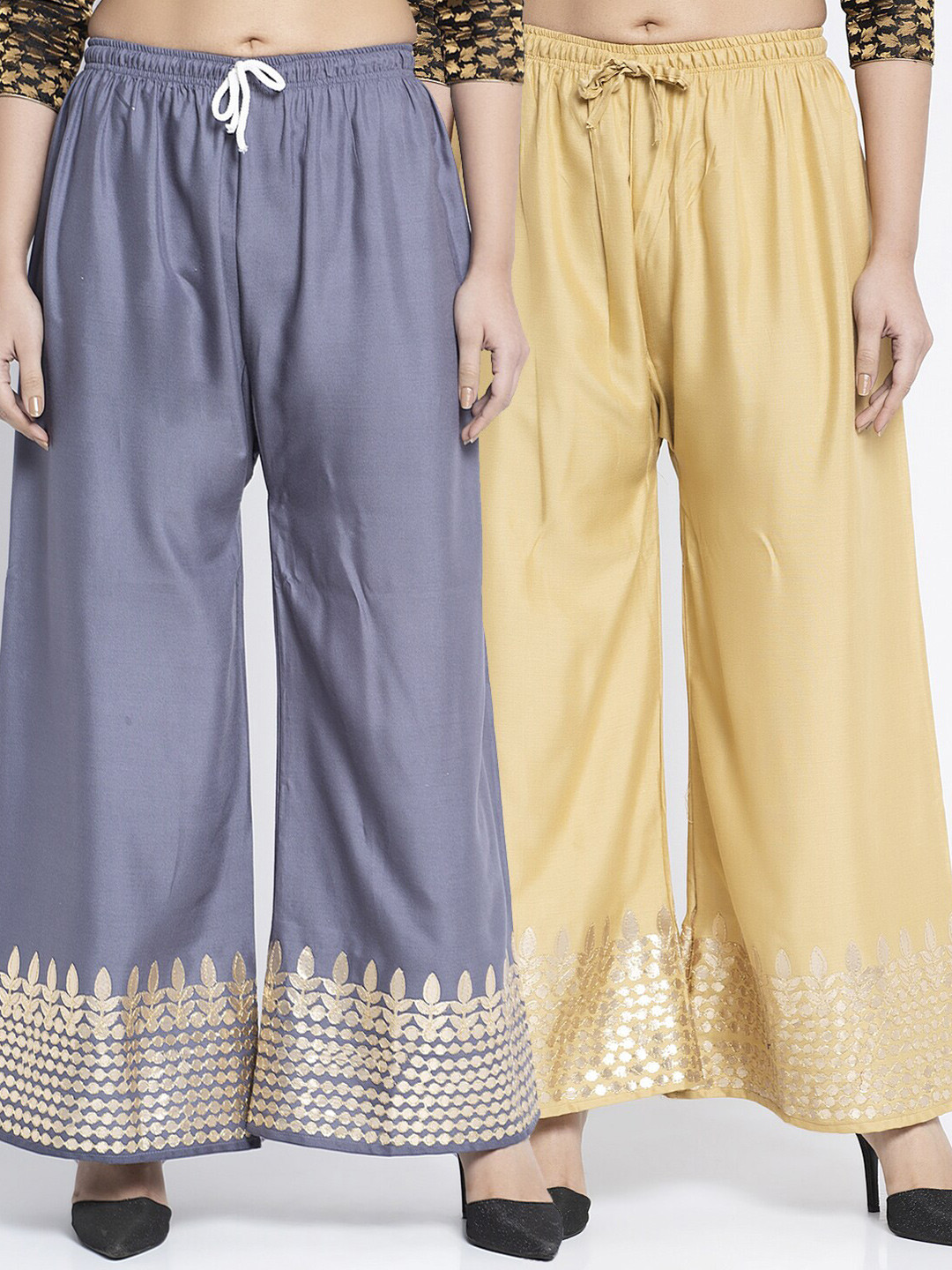 

GRACIT Women Grey & Beige Pack of 2 Ethnic Motifs Checked Knitted Palazzos