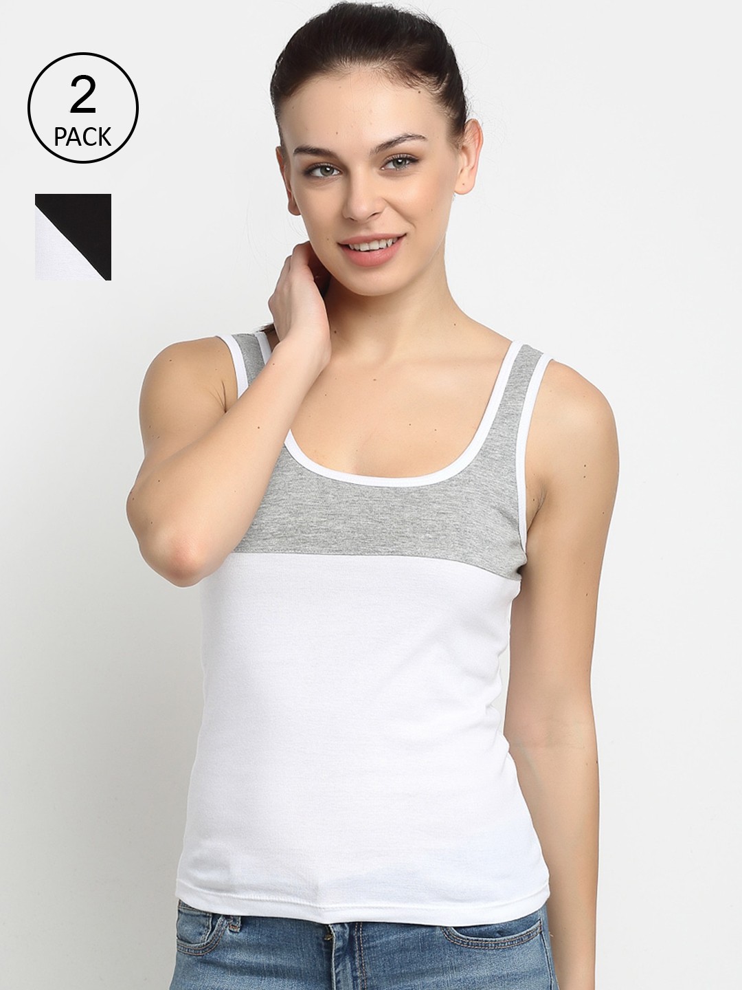 

Friskers Women Pack of 2 Black & White Colourblocked Pure Cotton Tank Top