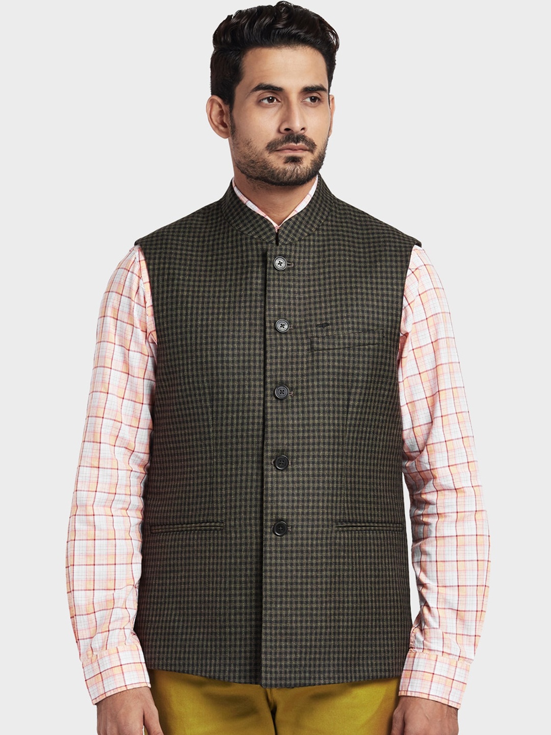 

ColorPlus Men Khaki Brown Checked Tailored Fit Nehru Jacket