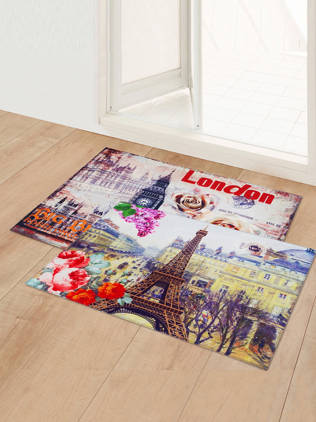 

Story@home Set Of 2 Printed Anti-Skid Doormats, Blue