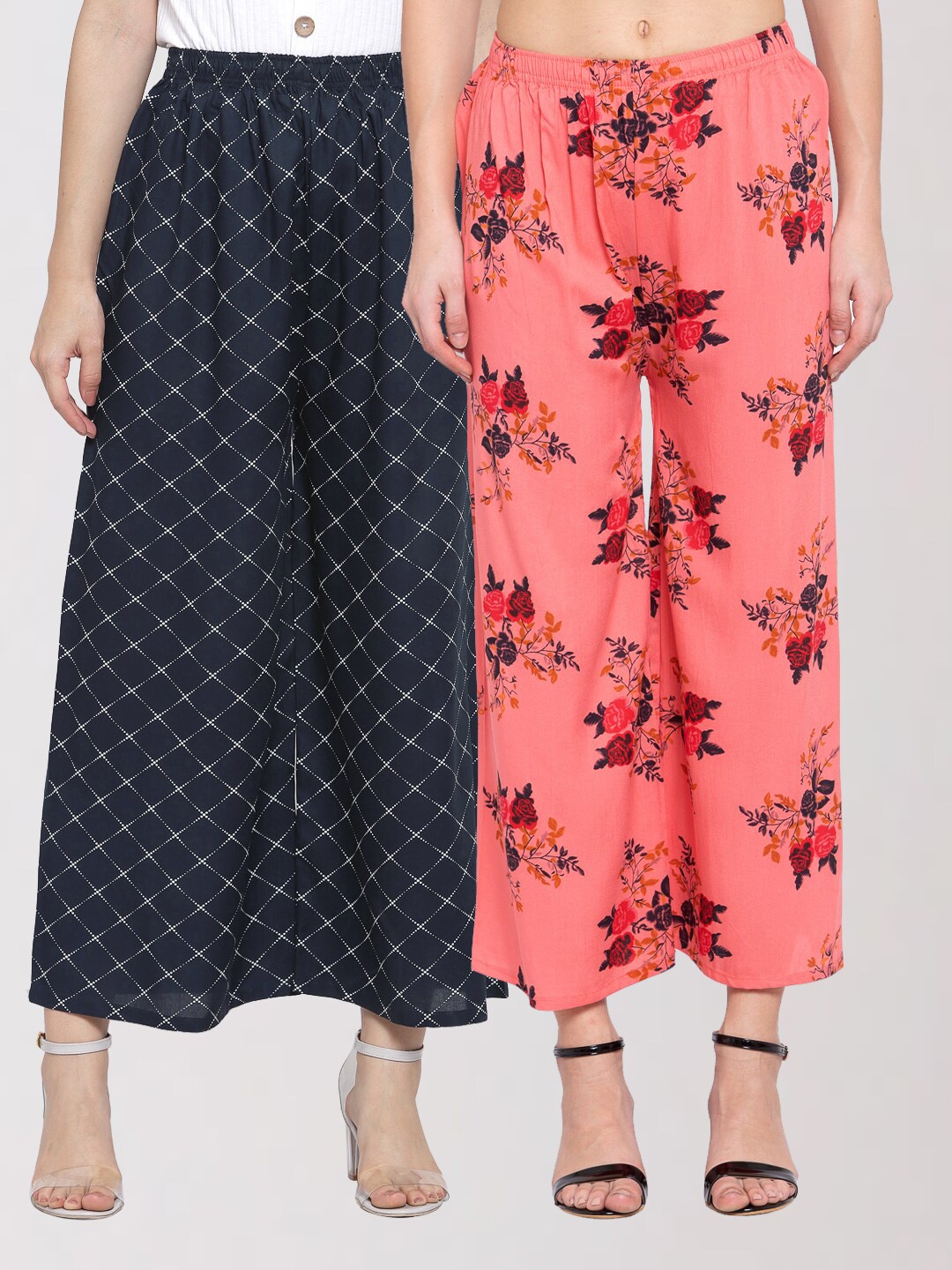 

KLOTTHE Women Navy Blue & Coral 2 Floral Printed Palazzos