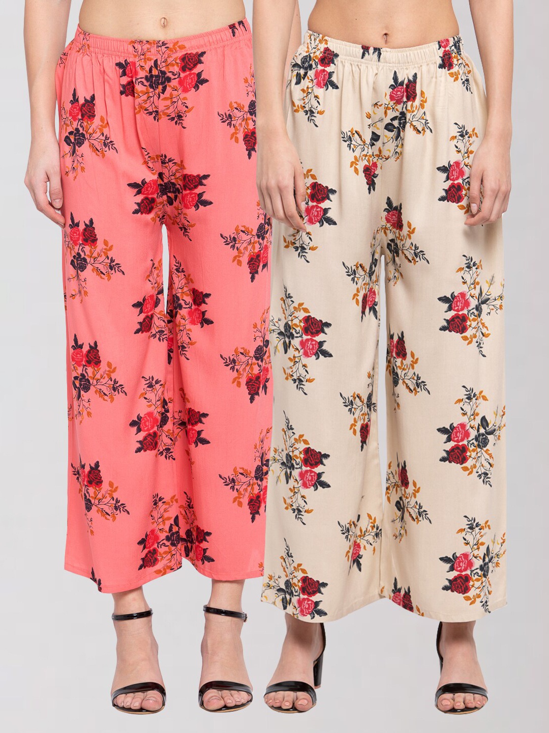 

KLOTTHE Women Coral & Beige Set of 2 Floral Printed Palazzos