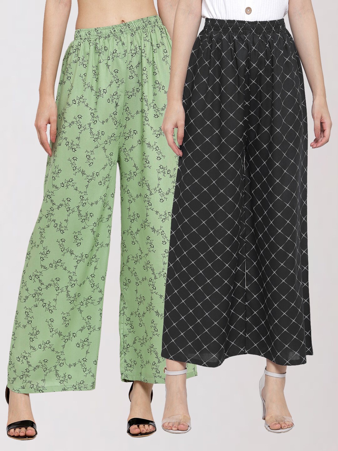 

KLOTTHE Women Green & Black Pack of 2 Floral Printed Palazzos