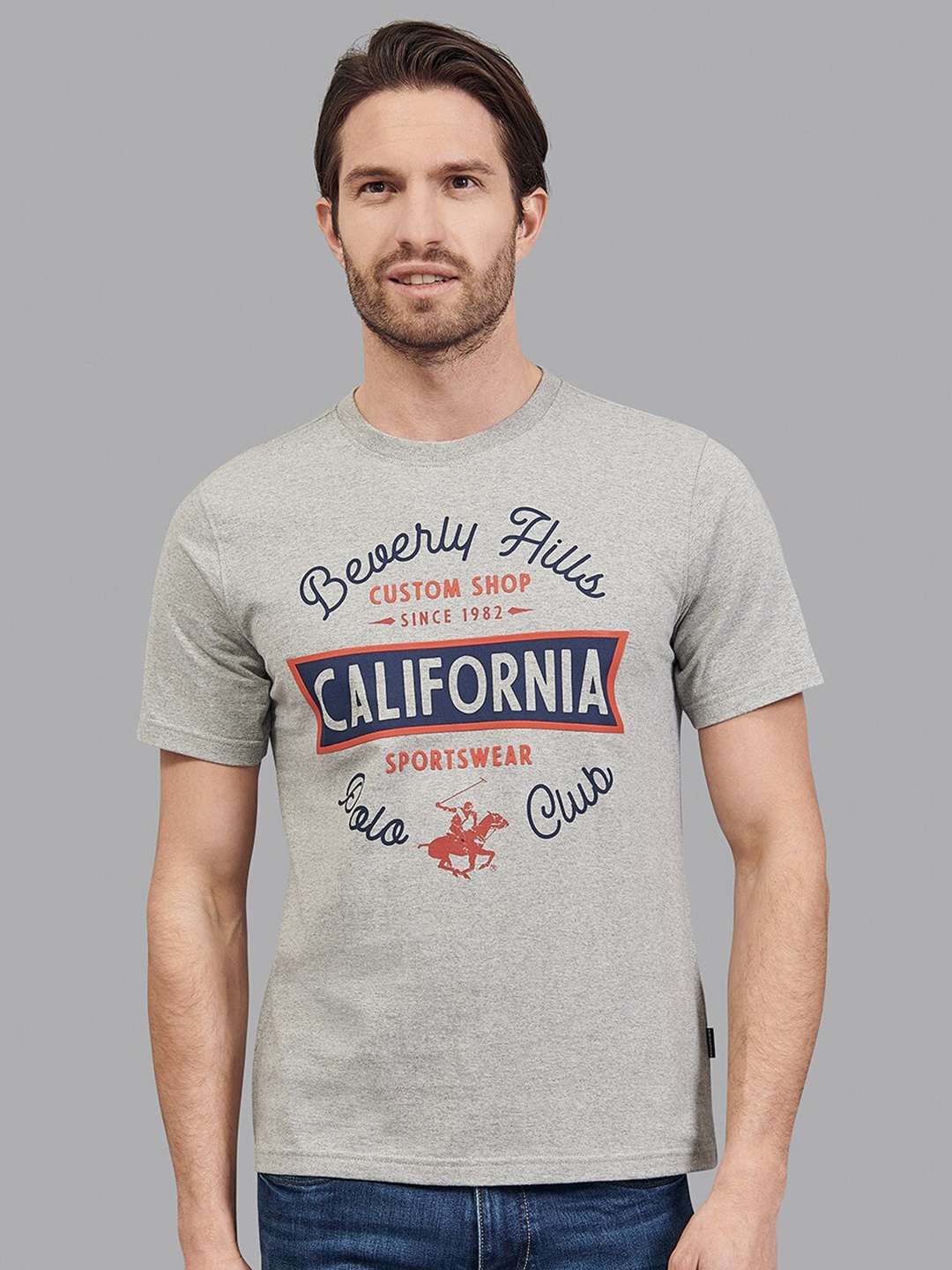 Beverly Hills Polo Club Men Grey Printed Round Neck T-shirt