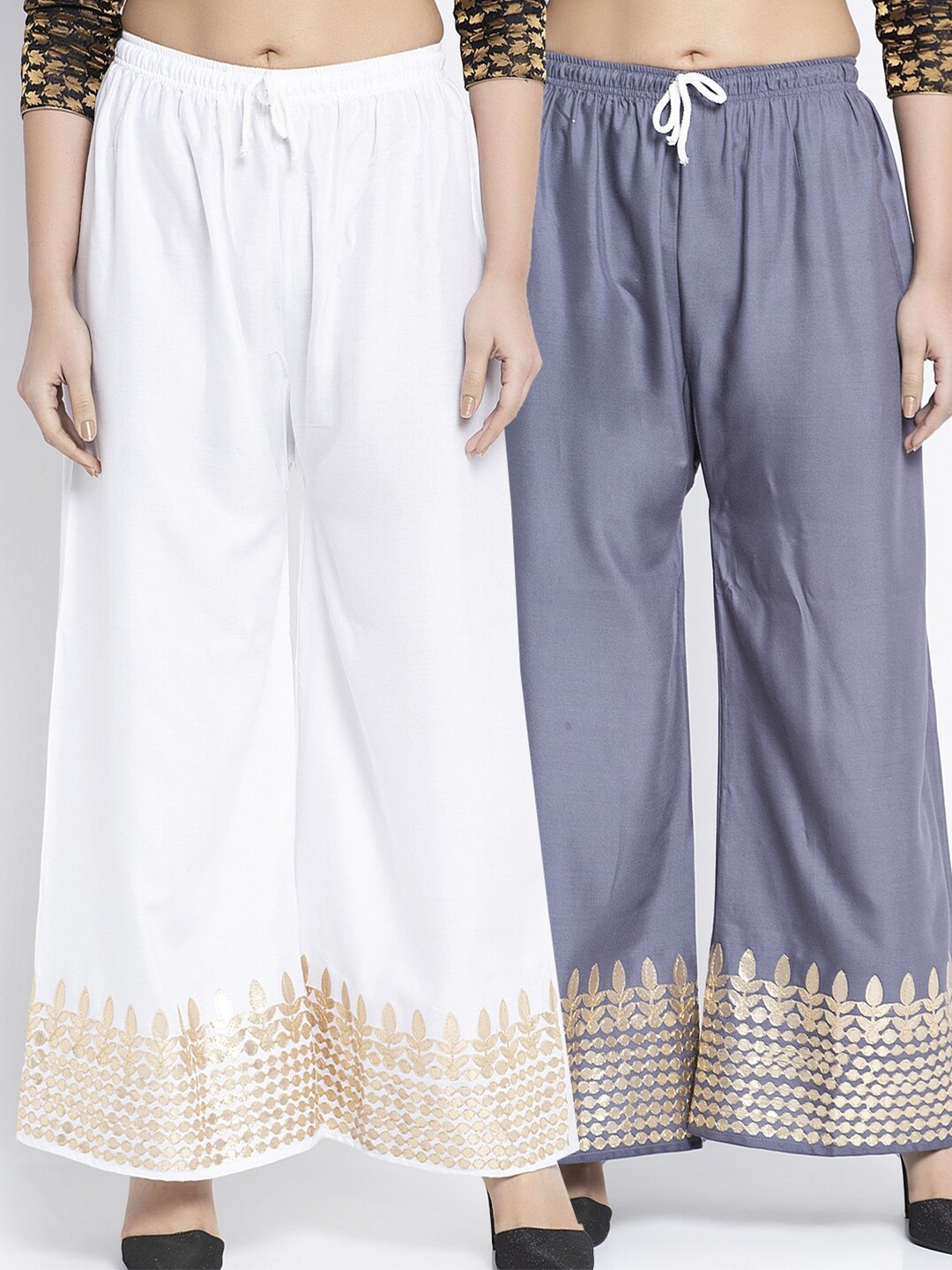 

GRACIT Women White & Grey 2 Floral Hem Design Knitted Palazzos