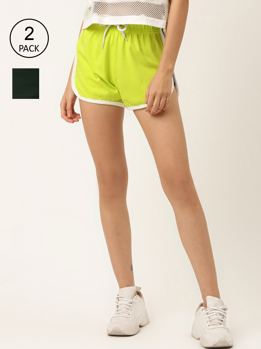 

The Dry State Women Pack Of 2 Solid Cotton Regular Fit Training Shorts, Lime green