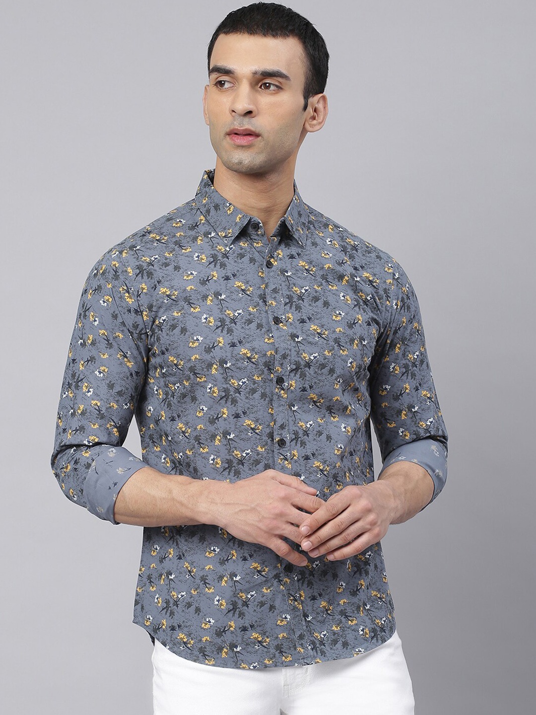 

Dennis Lingo Men Grey Comfort Slim Fit Floral Printed Pure Cotton Casual Shirt