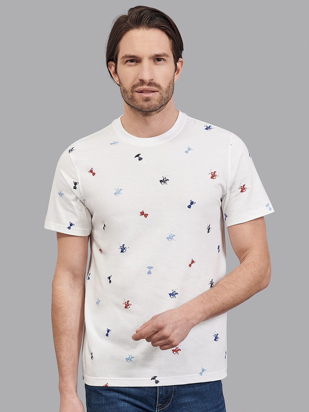 Beverly Hills Polo Club Men White Self Design Round Neck T-shirt