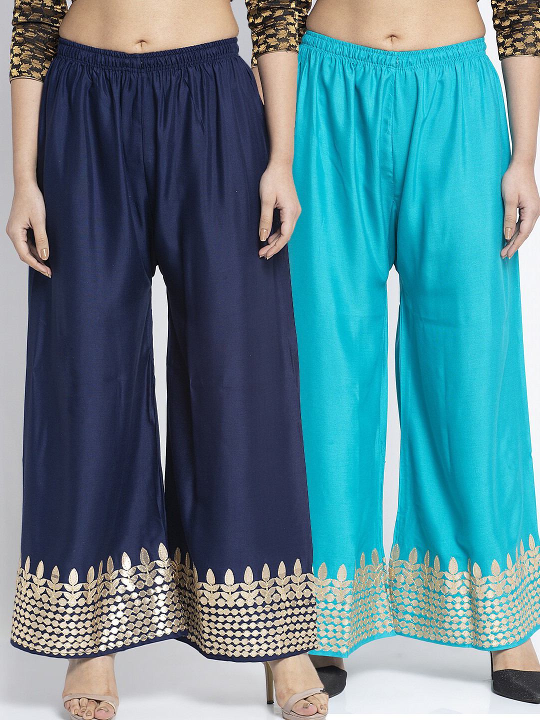 

GRACIT Pack of 2 Women Navy Blue & Turquoise Blue Ethnic Motifs Hem Design Palazzos