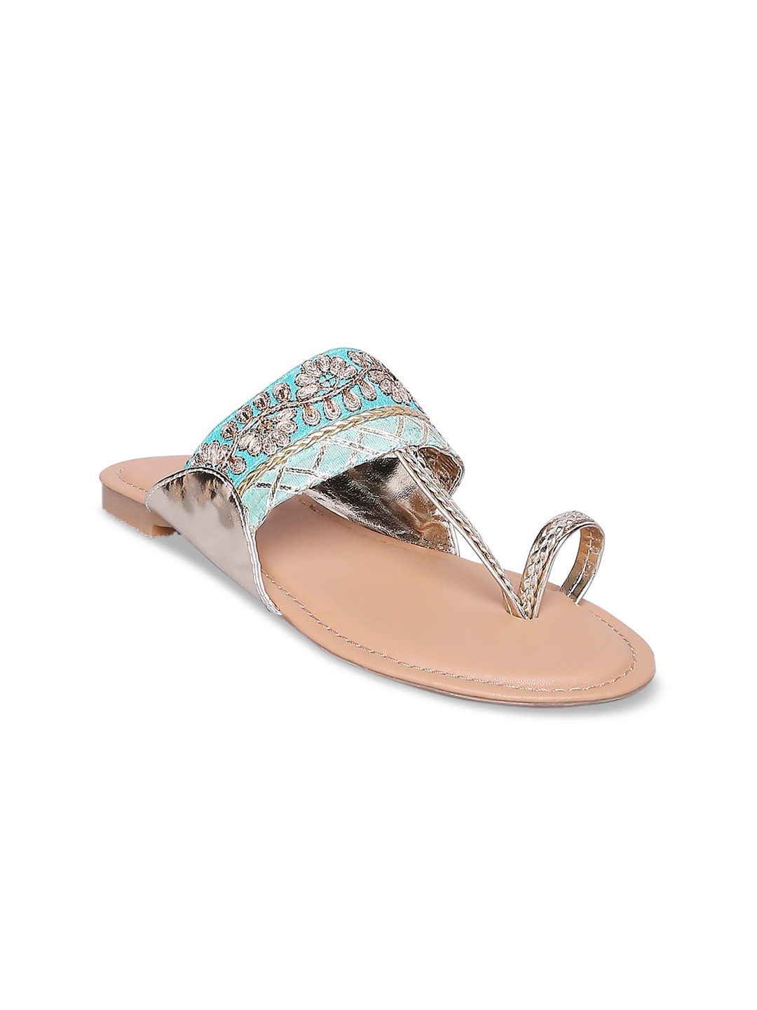 

Forever Glam by Pantaloons Women Turquoise Blue Embellished Leather Ethnic One Toe Flats