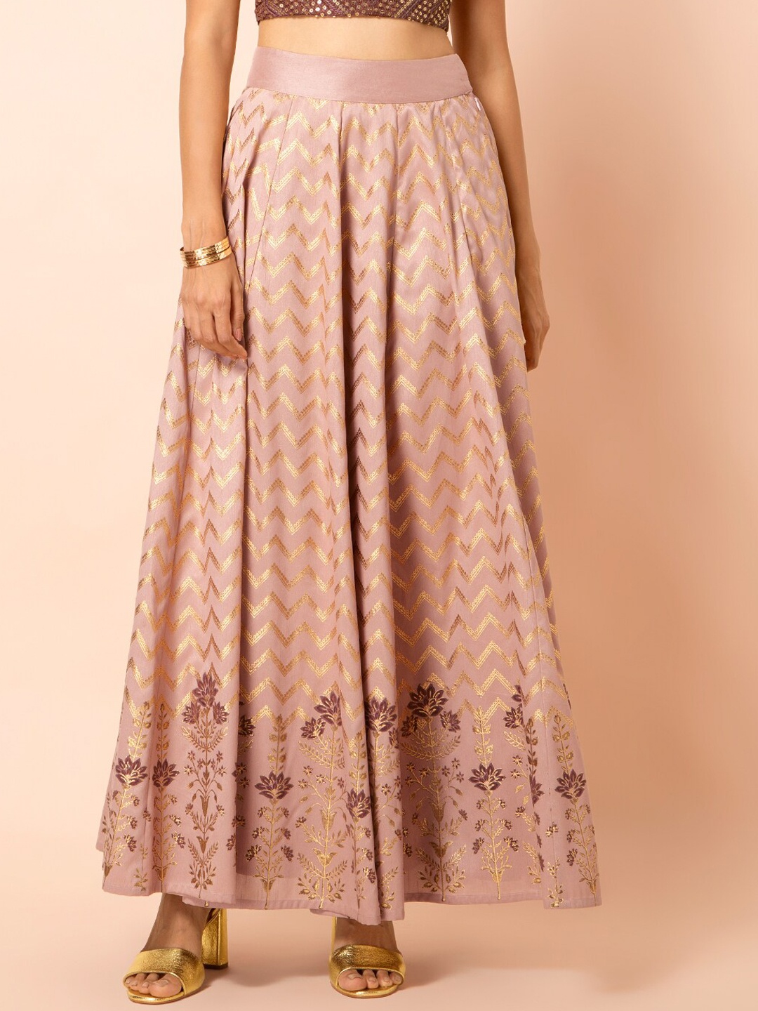 

INDYA Women Pink & Golden Floral Chevron Printed Flared Maxi Skirt