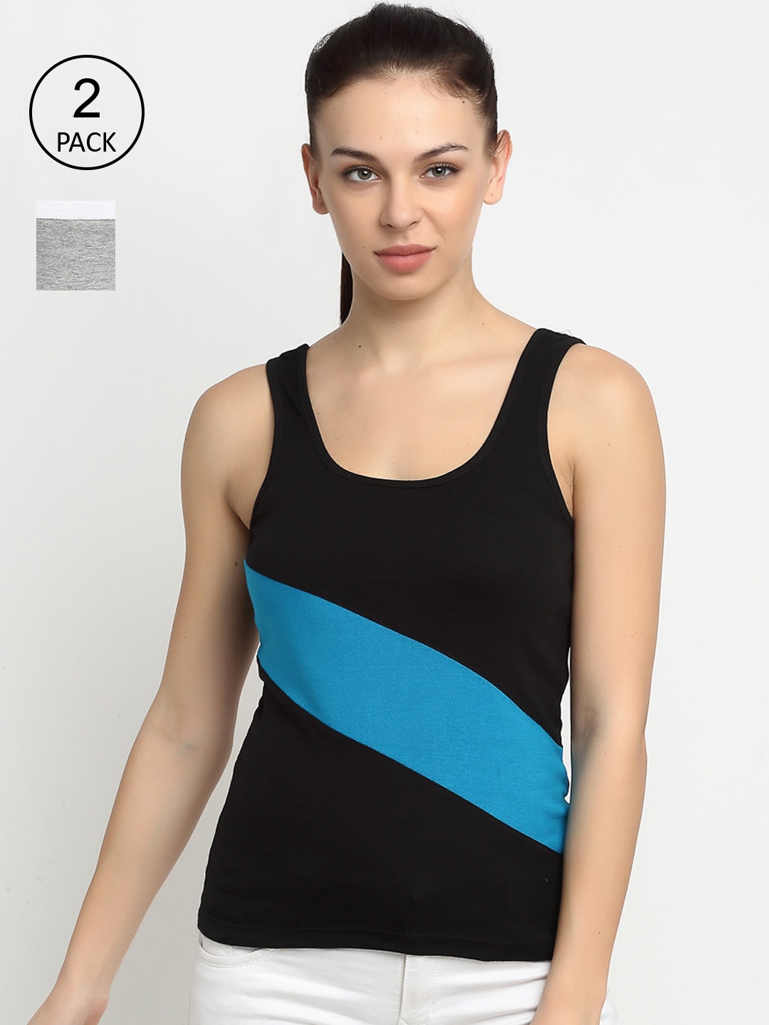 

Friskers Women Pack of 2 Black & Grey Colourblocked Pure Cotton Tank Top