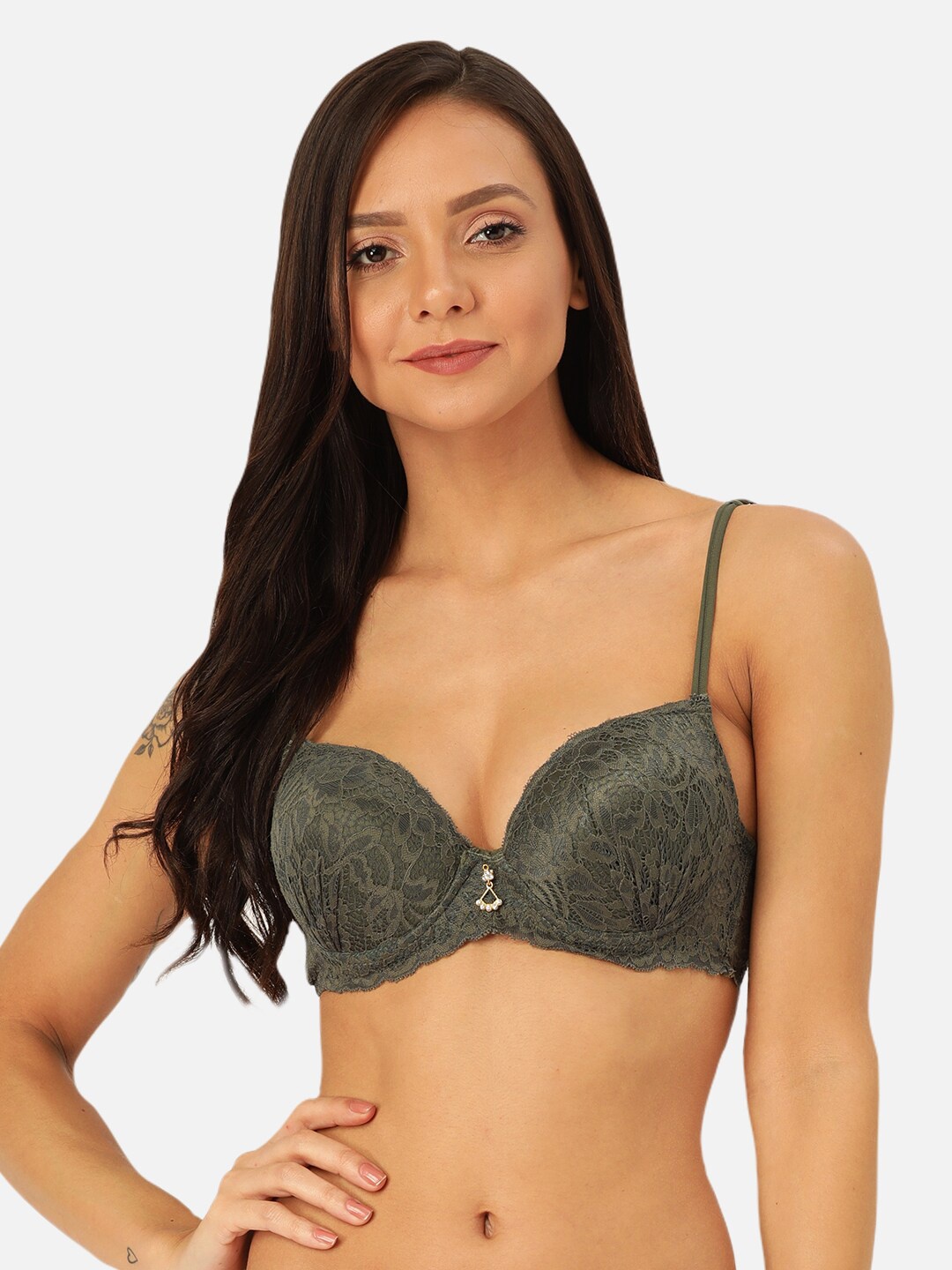 

MAKCLAN Olive Green Floral Full Coverage Underwired Lightly Padded Plunge Bra K16037BA