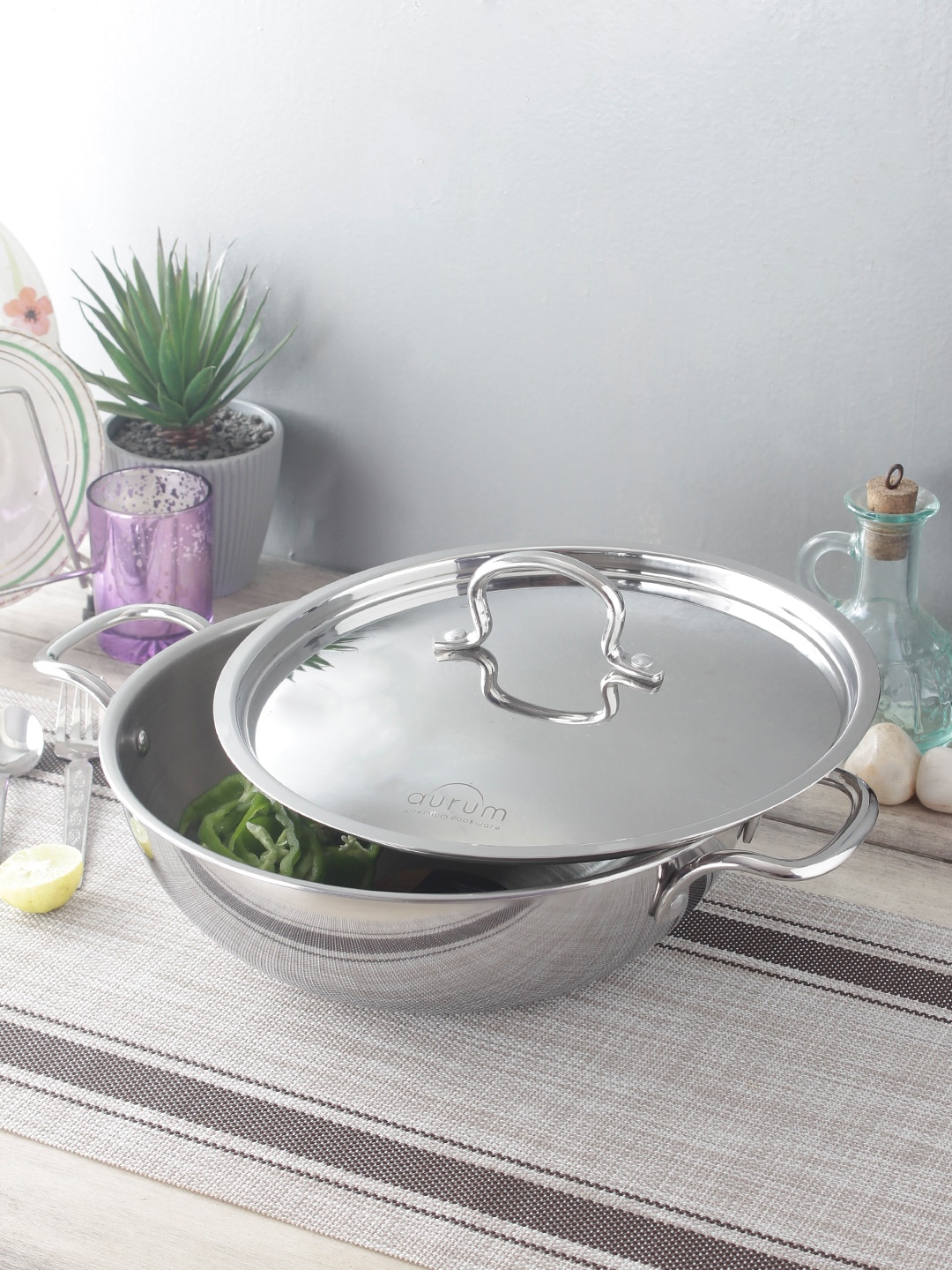 

AURUM Silver-Toned Triply Kadai with Stainless Steel Lid 3.6 Litre