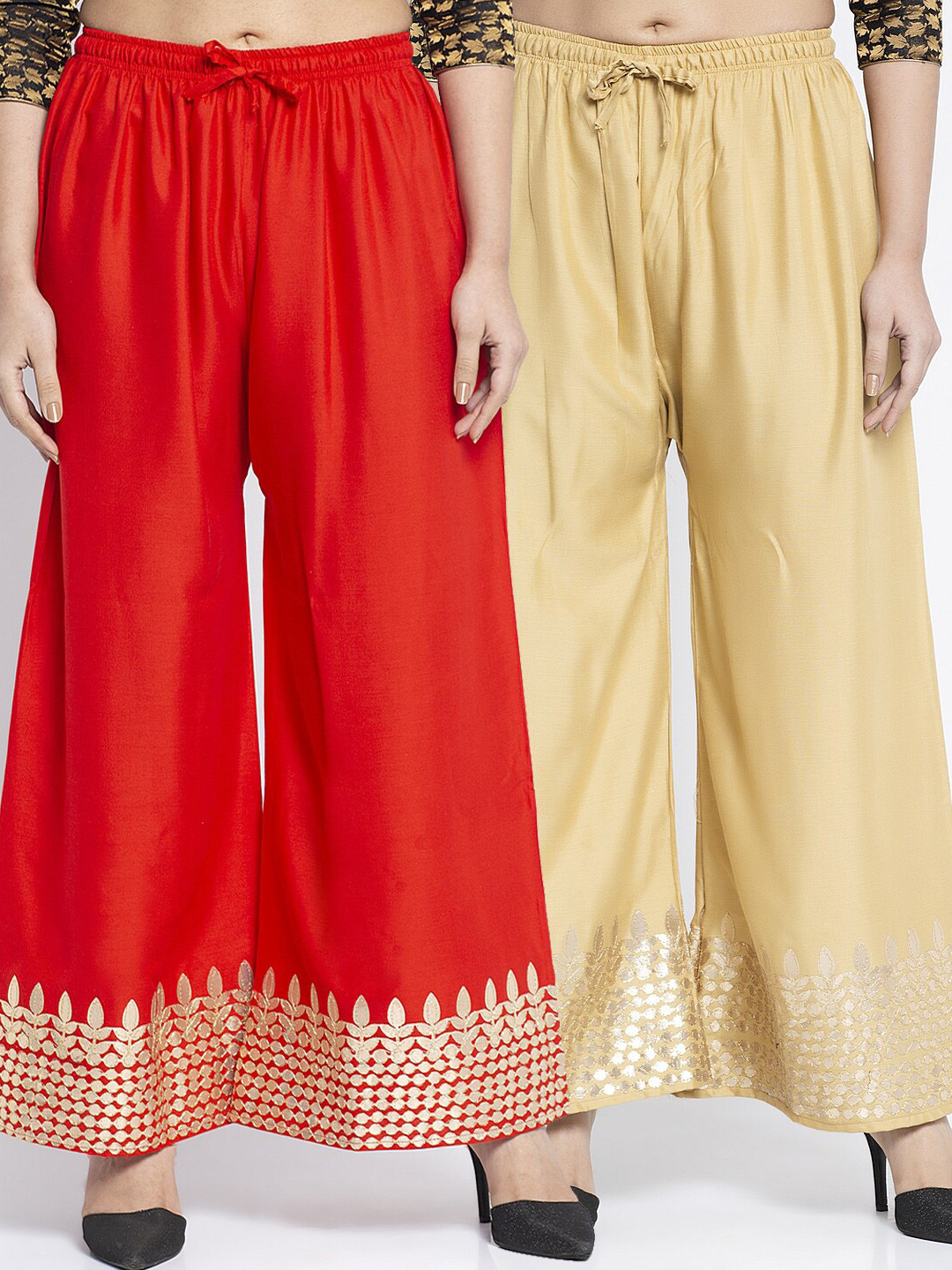 

GRACIT Women Red & Beige 2 Floral Hem Design Knitted Palazzos