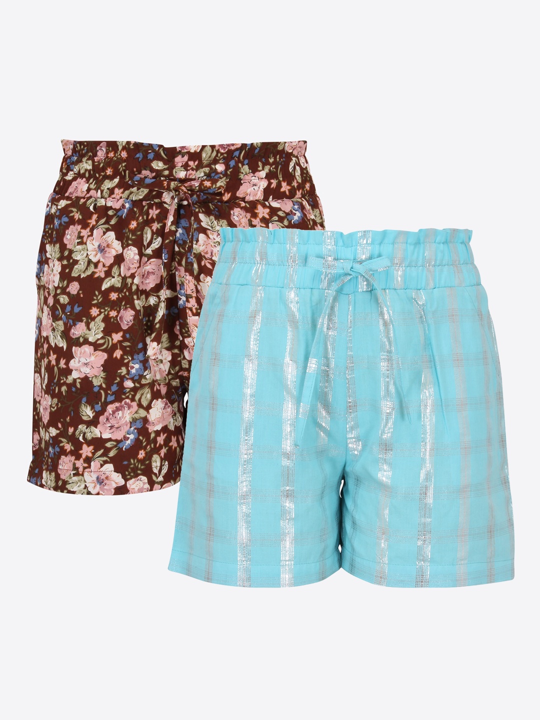 

CUTECUMBER Girls Pack of 2 Brown & Blue Regular Fit Regular Shorts