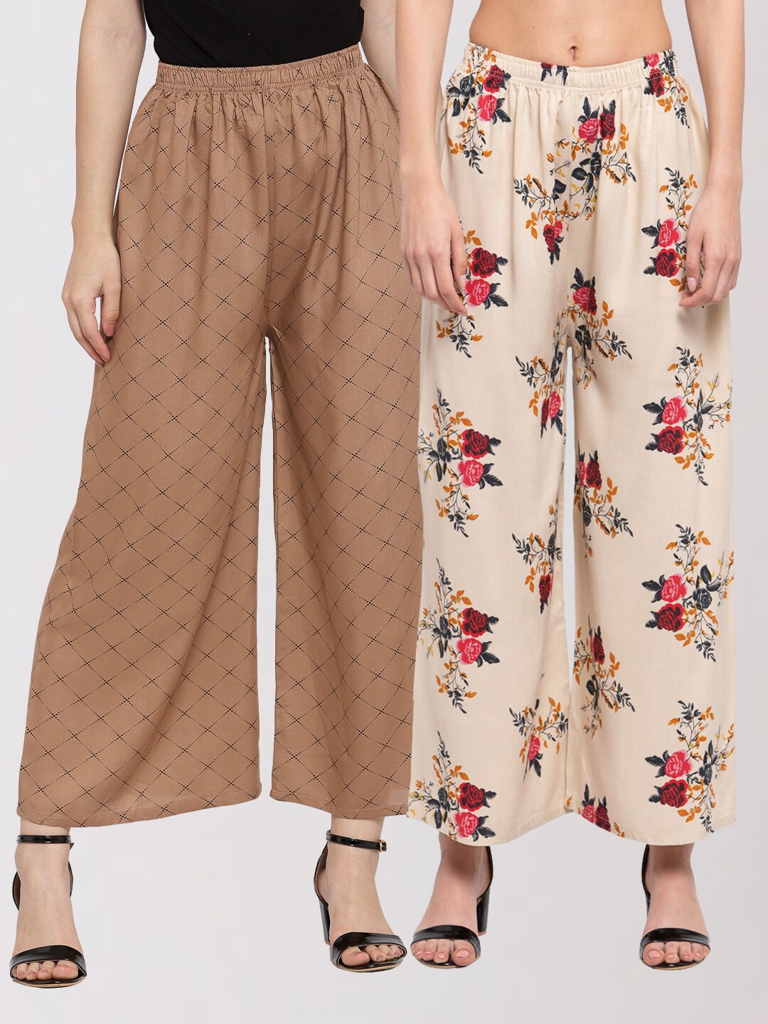 

KLOTTHE Women Cream-Coloured & Brown 2 Printed Palazzos