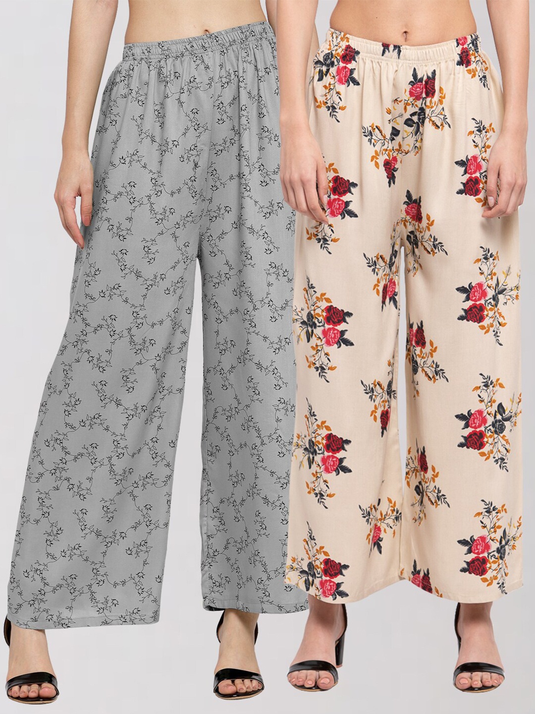 

KLOTTHE Women Pack Of 2 Cream-Coloured & Grey Floral Printed Palazzos