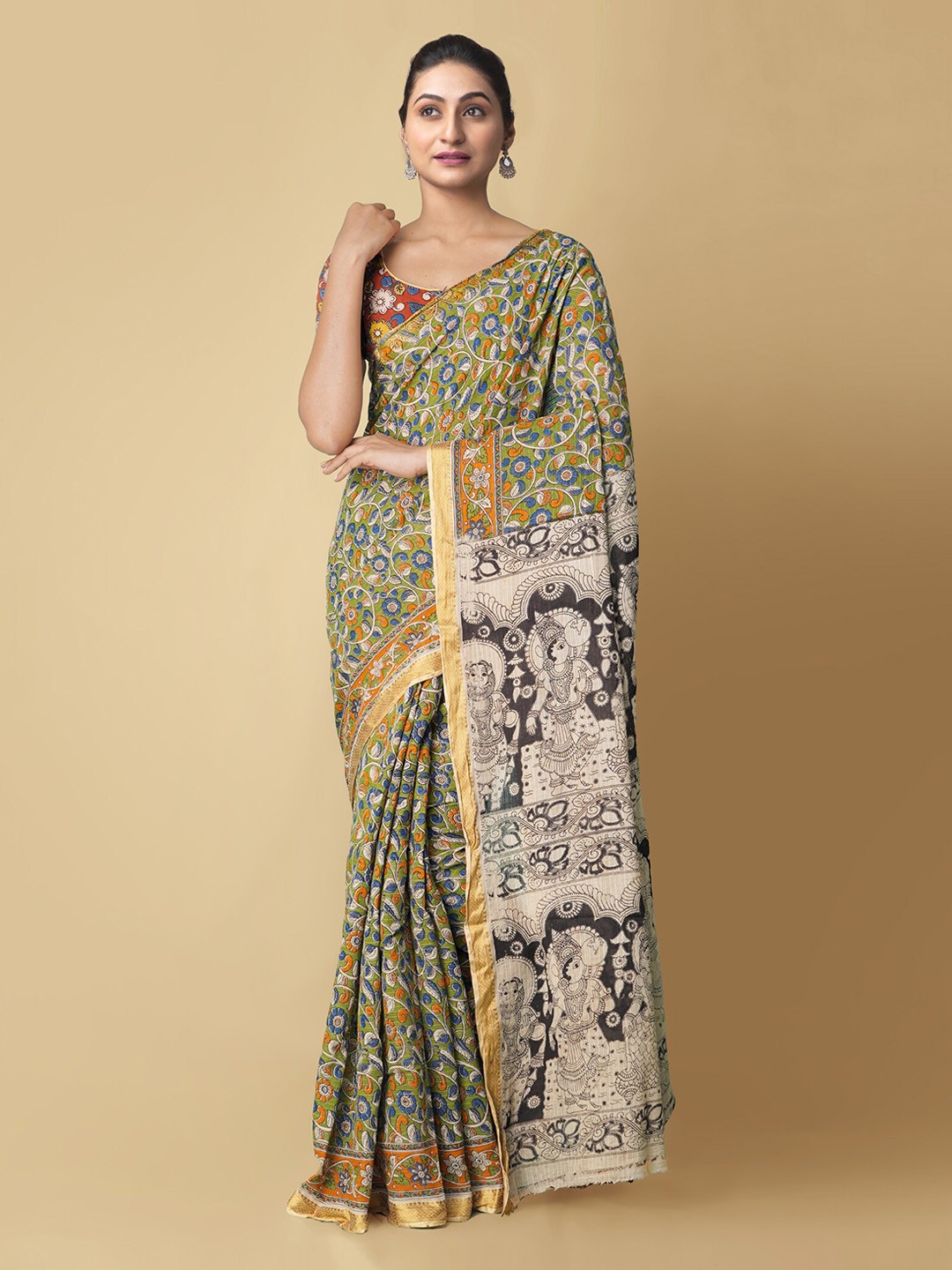 

Unnati Silks Green & Beige Kalamkari Zari Pure Cotton Kanjeevaram Saree