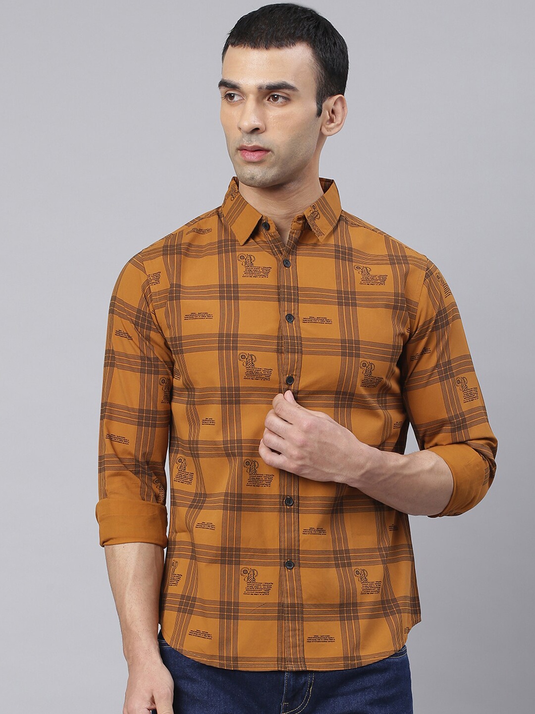 

Dennis Lingo Men Mustard Comfort Slim Fit Checked Pure Cotton Casual Shirt