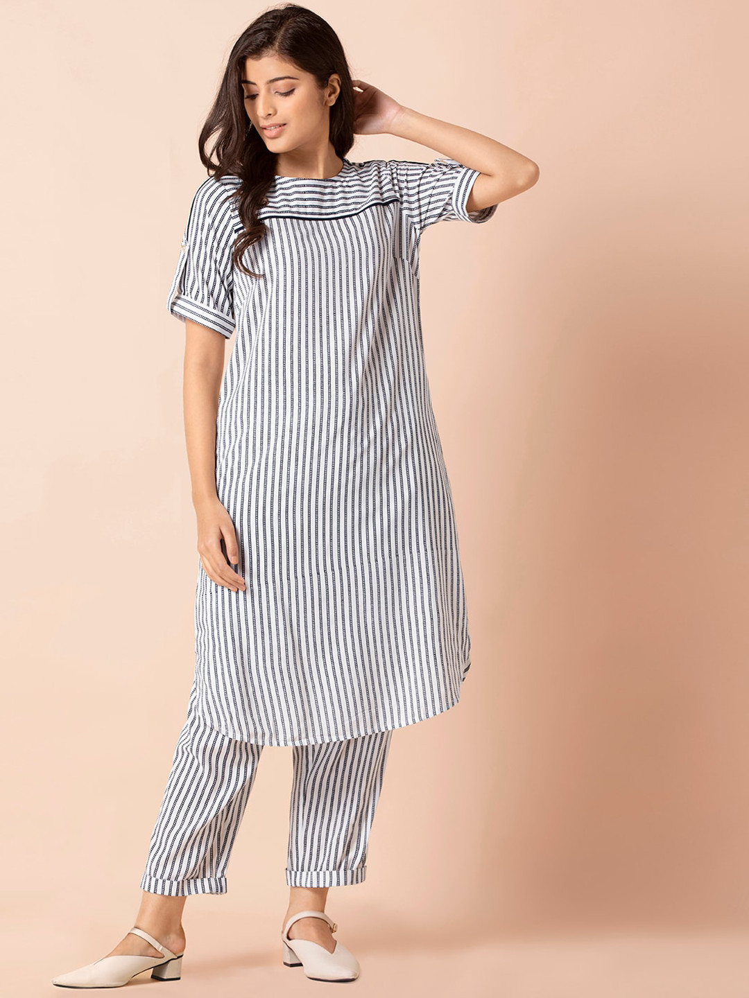

INDYA Women White Striped Kurta with Trousers