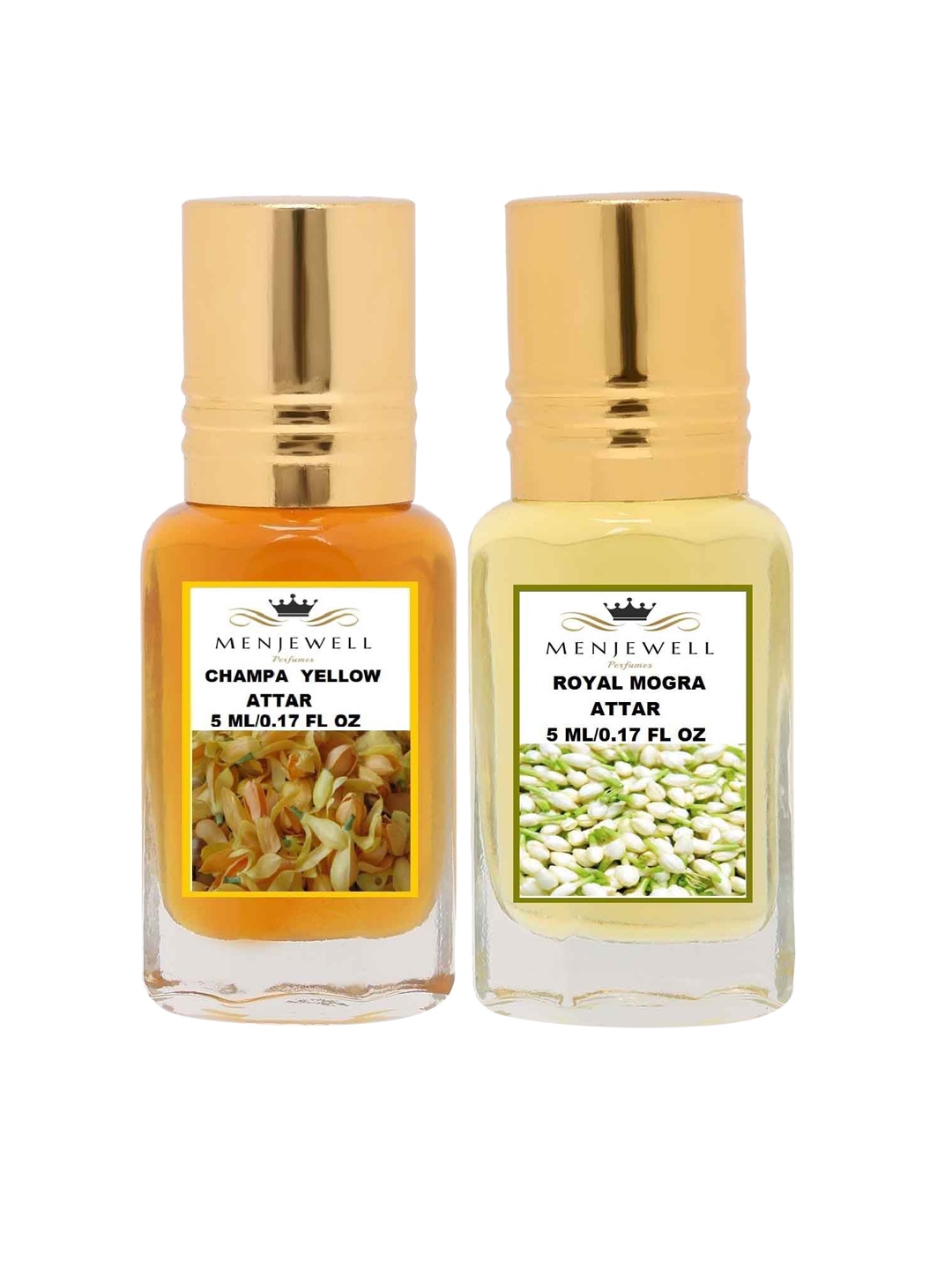 

Menjewell Set of 2 Champa Yellow & Royal Mogra Attar 10 ml, Transparent