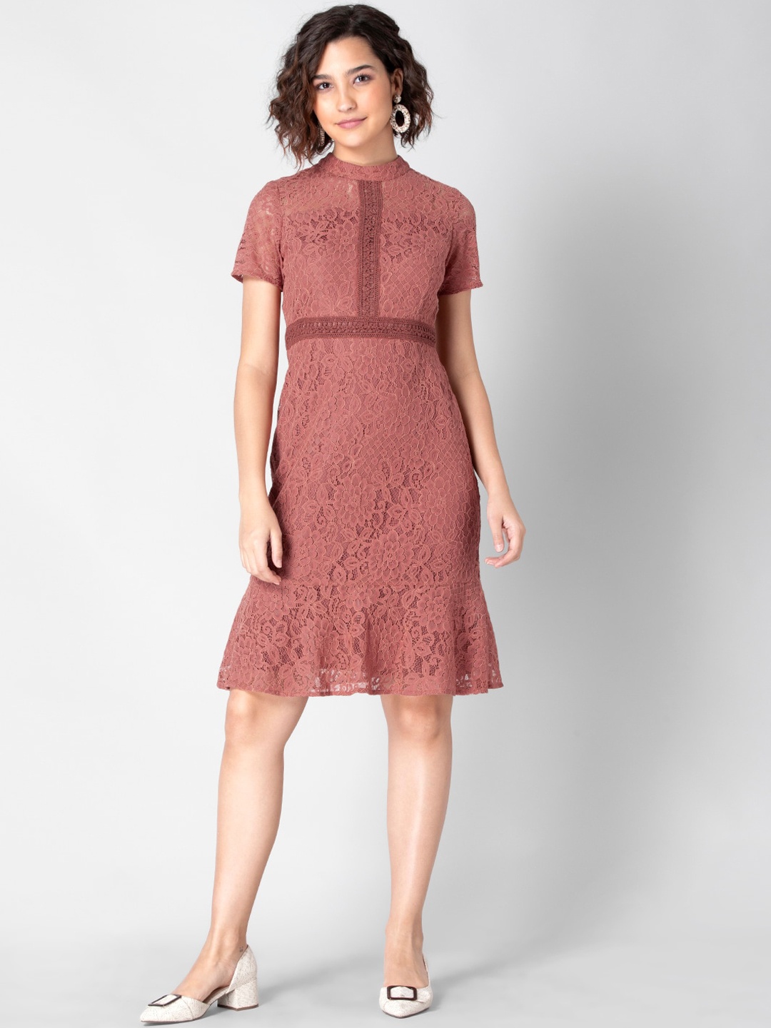 

FabAlley Dusty Pink Floral Lace A-Line Dress