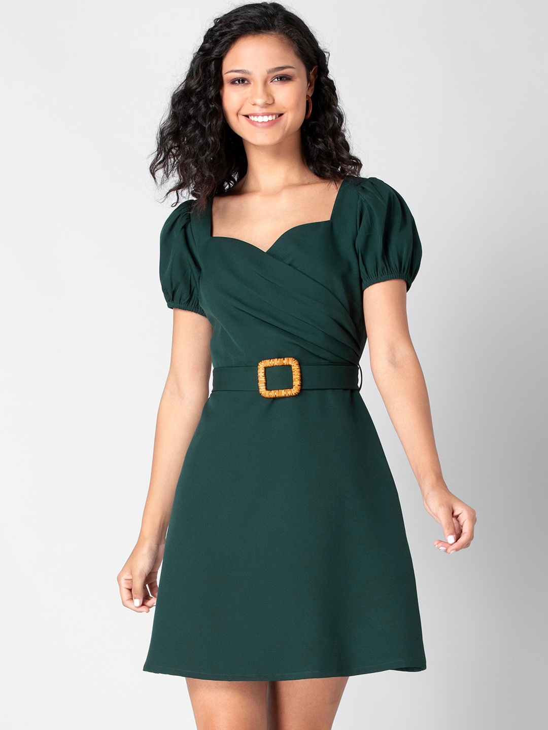 

FabAlley Green Solid Buckle Belted A-Line Dress