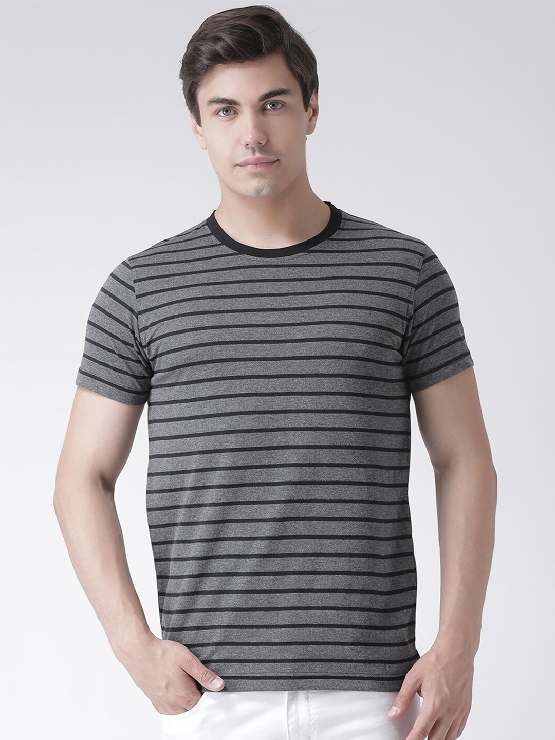 

Club York Men Grey & Black Striped T-shirt