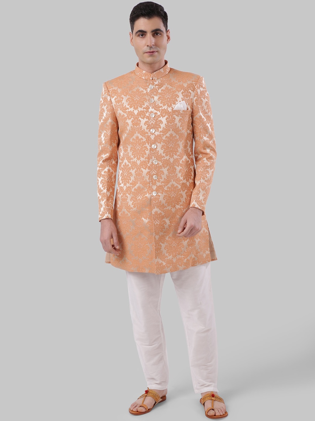 

Ethnix by Raymond Men Orange Ethnic Motifs Kurti with Pyjamas