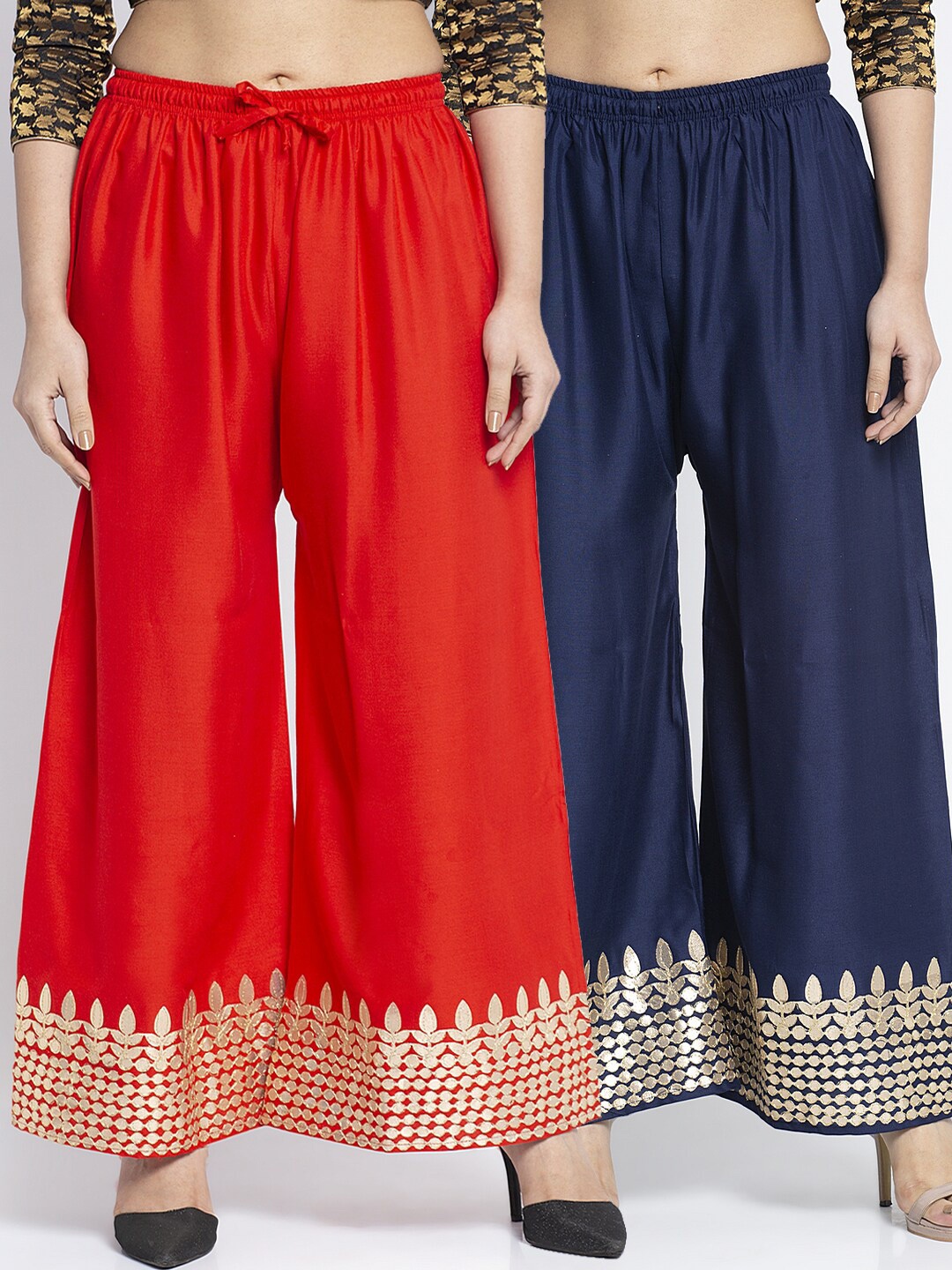 

GRACIT Women Pack of 2 Red & Navy Blue Ethnic Motifs Hem Design Palazzos