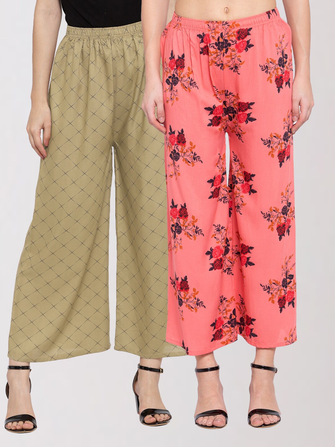 

KLOTTHE Women Peach & Khaki 2 Floral Printed Palazzos